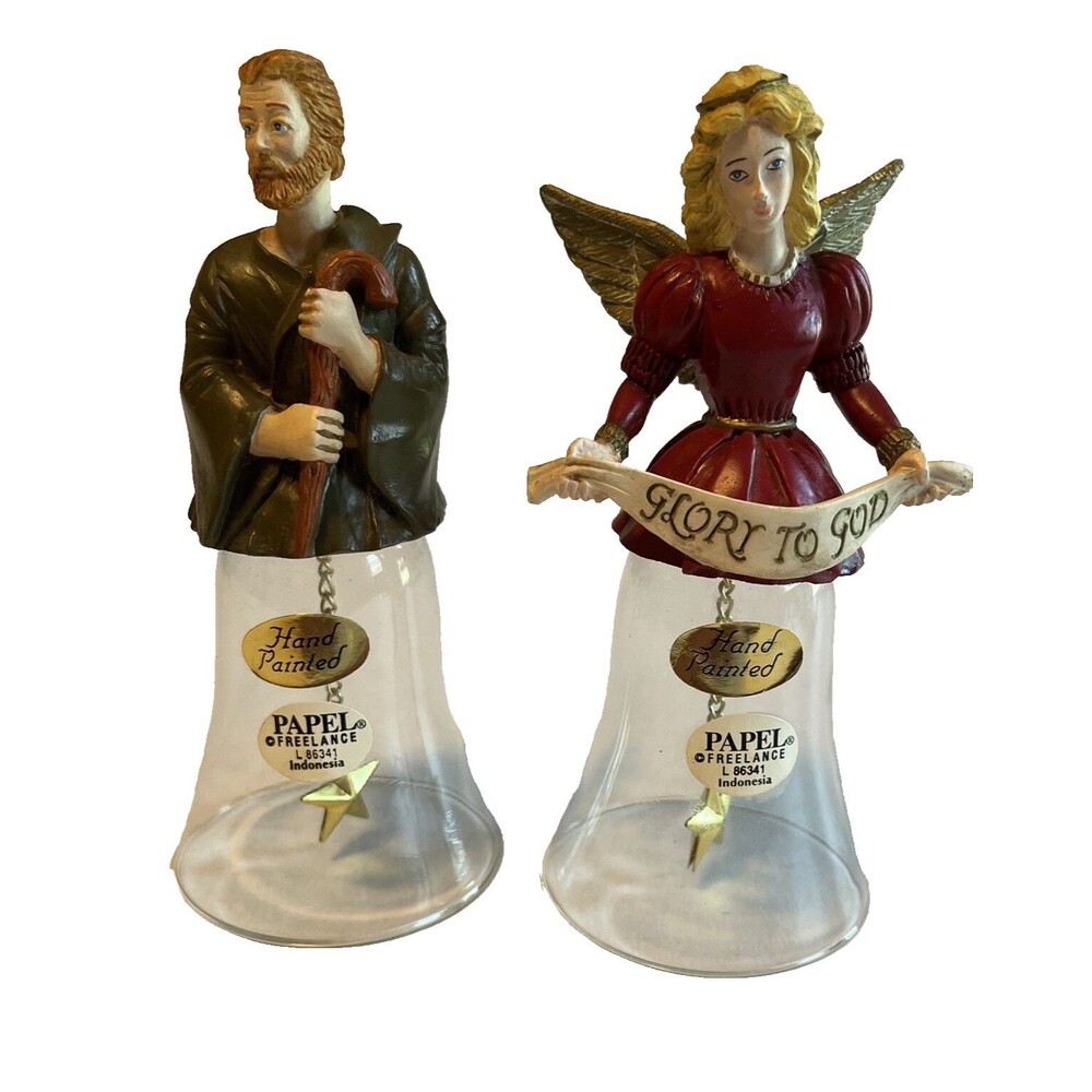 Papel Freelance Christmas Bells Ceramic & Glass Handpainted Angel Shepherd Set 2